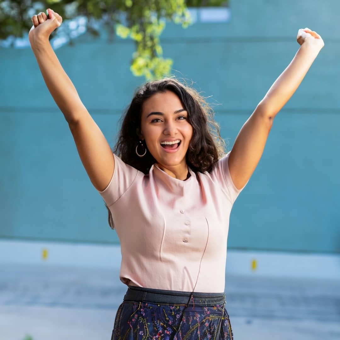 A woman celebrating